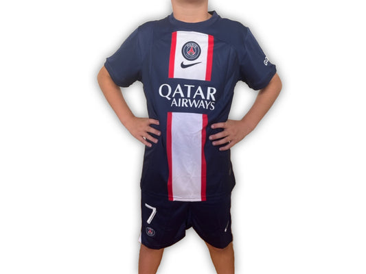 2022/23 PSG Home Blue Replica Kids Soccer Kit - #7 - Kylian Mbappe